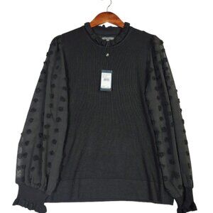 Adrianna Papell Sweater Womens M Black Clip Dot Long Sleeve Mock Neck Ruffle NWT